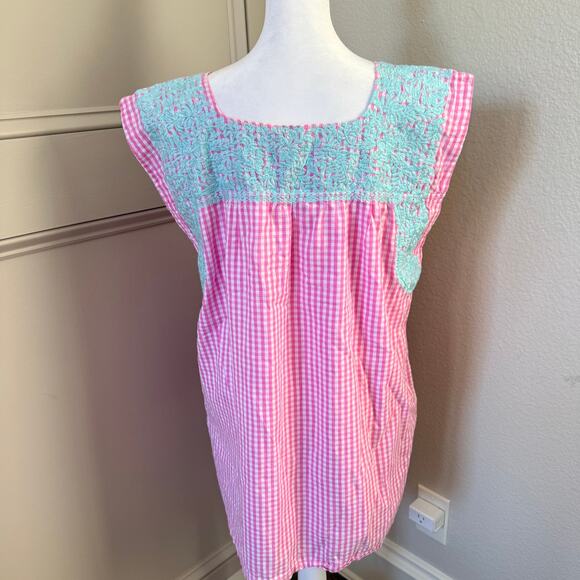 J. Marie Sleeveless Pink Gingham Embroidered Dress Tunic Lined Size Large - Picture 3 of 7
